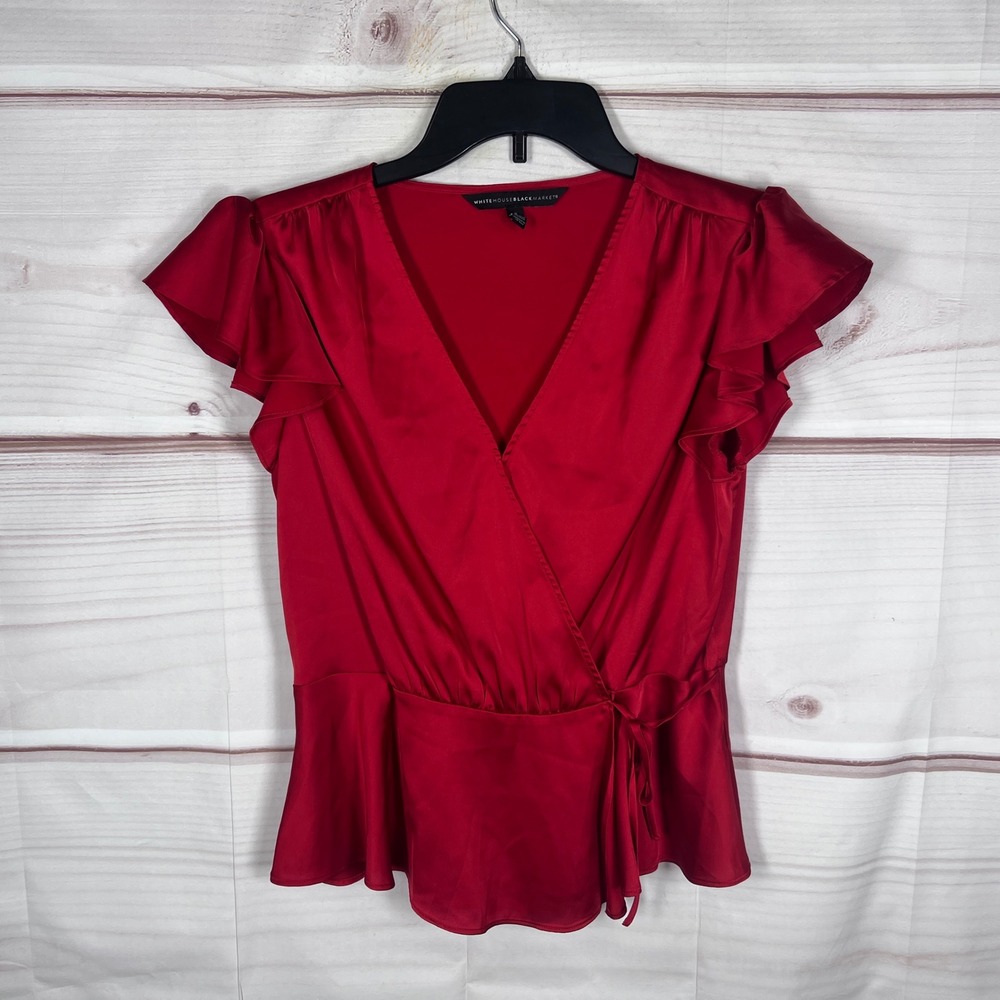 White House Black Market Top Women S Red Satin Faux Wrap Flutter Sleeve Peplum
